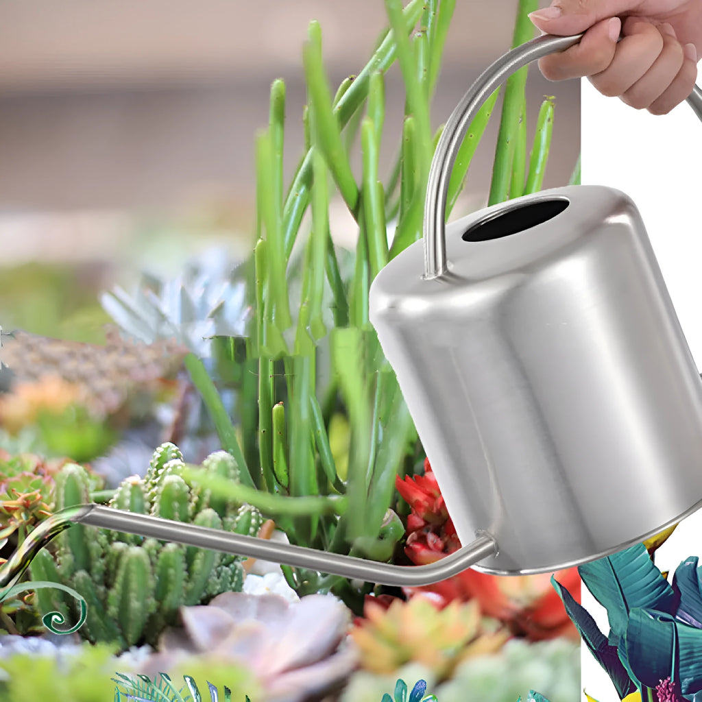 Stainless steel watering can with a long spout, shown in a choice of black, gold, or metallic finish.
