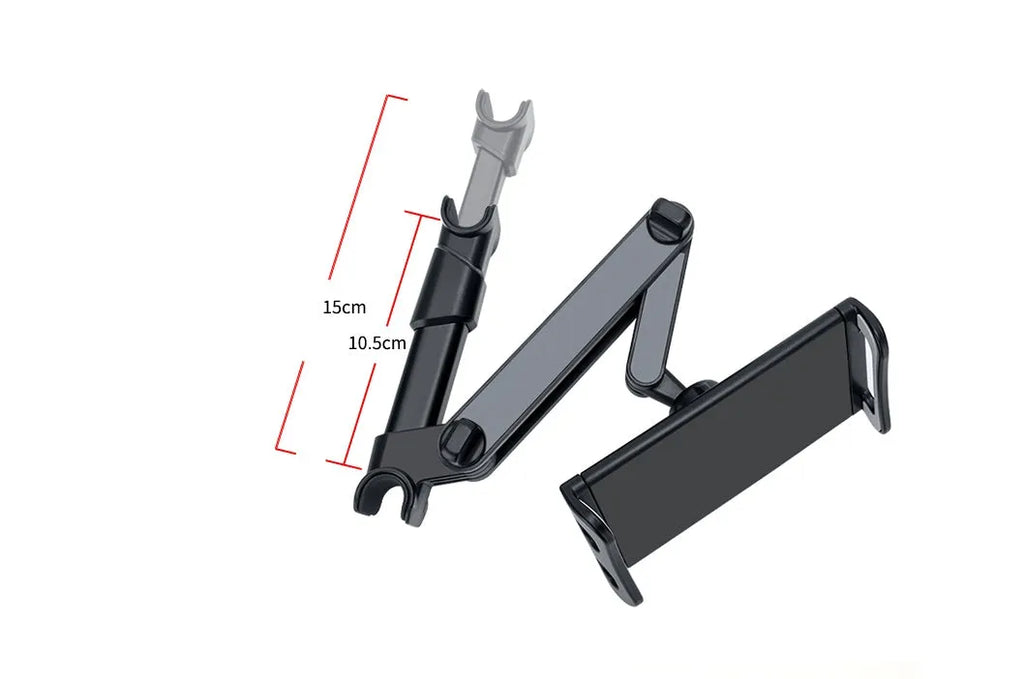 Black universal car phone holder mounted on a rear seat headrest, holding an iPad.