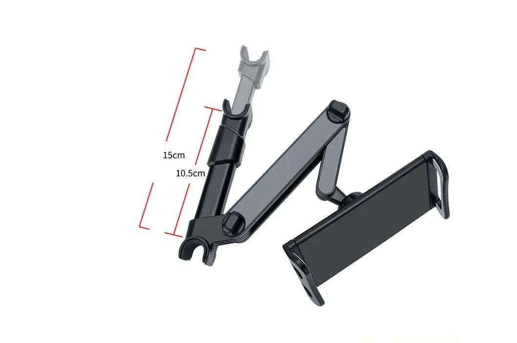 Black universal car phone holder mounted on a rear seat headrest, holding an iPad.
