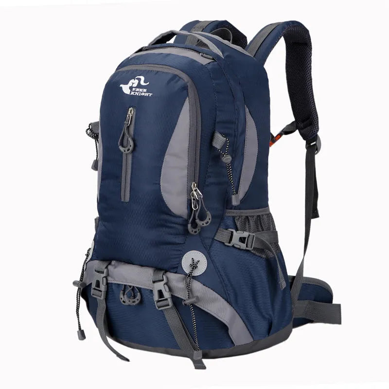 Outdoor waterproof mountaineering bag in nylon, 36-55L capacity, shown in available Black, Blue, Dark blue, Green, or Red colour options.
