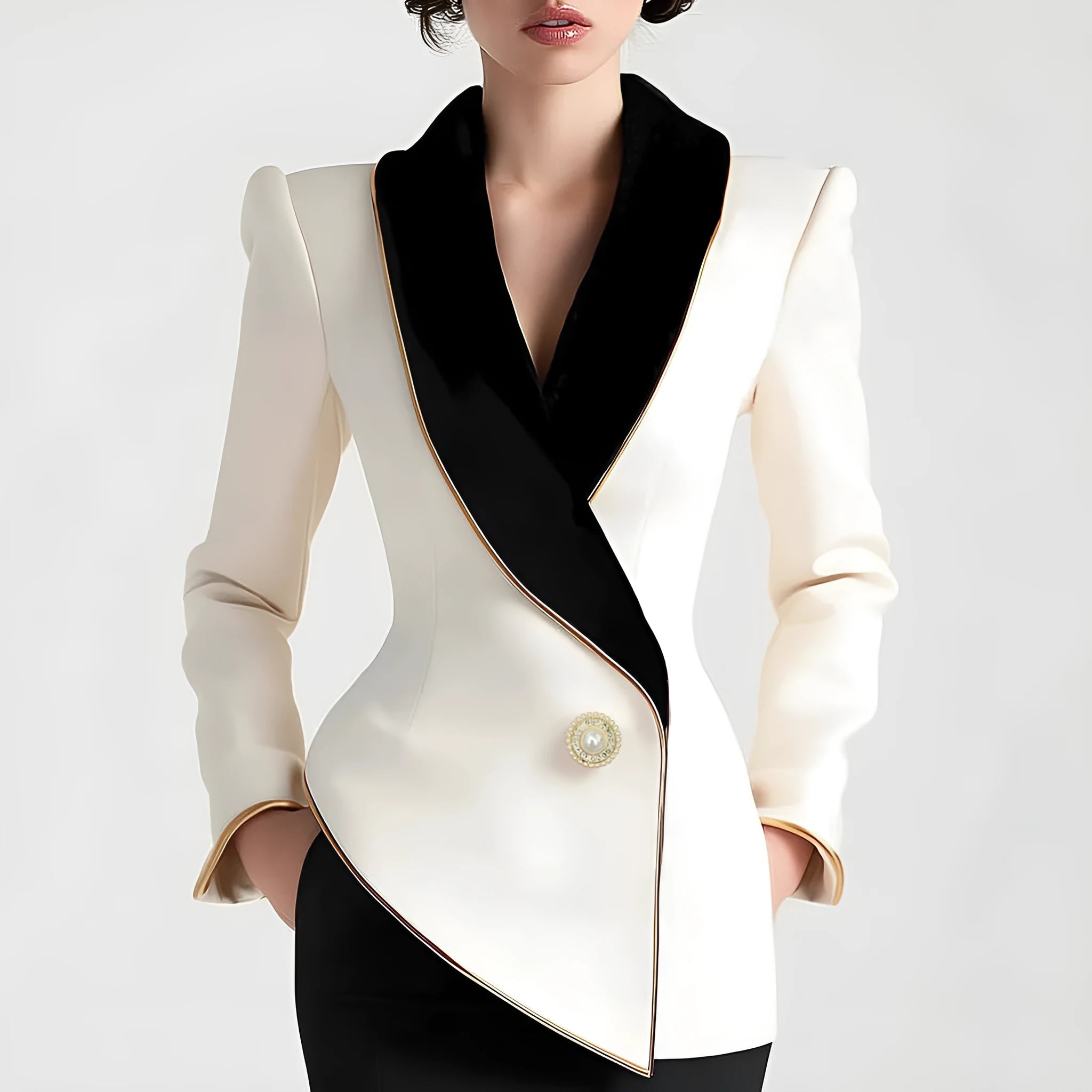 Women's beige irregular hem coat with golden pearl buttons, mid-length design