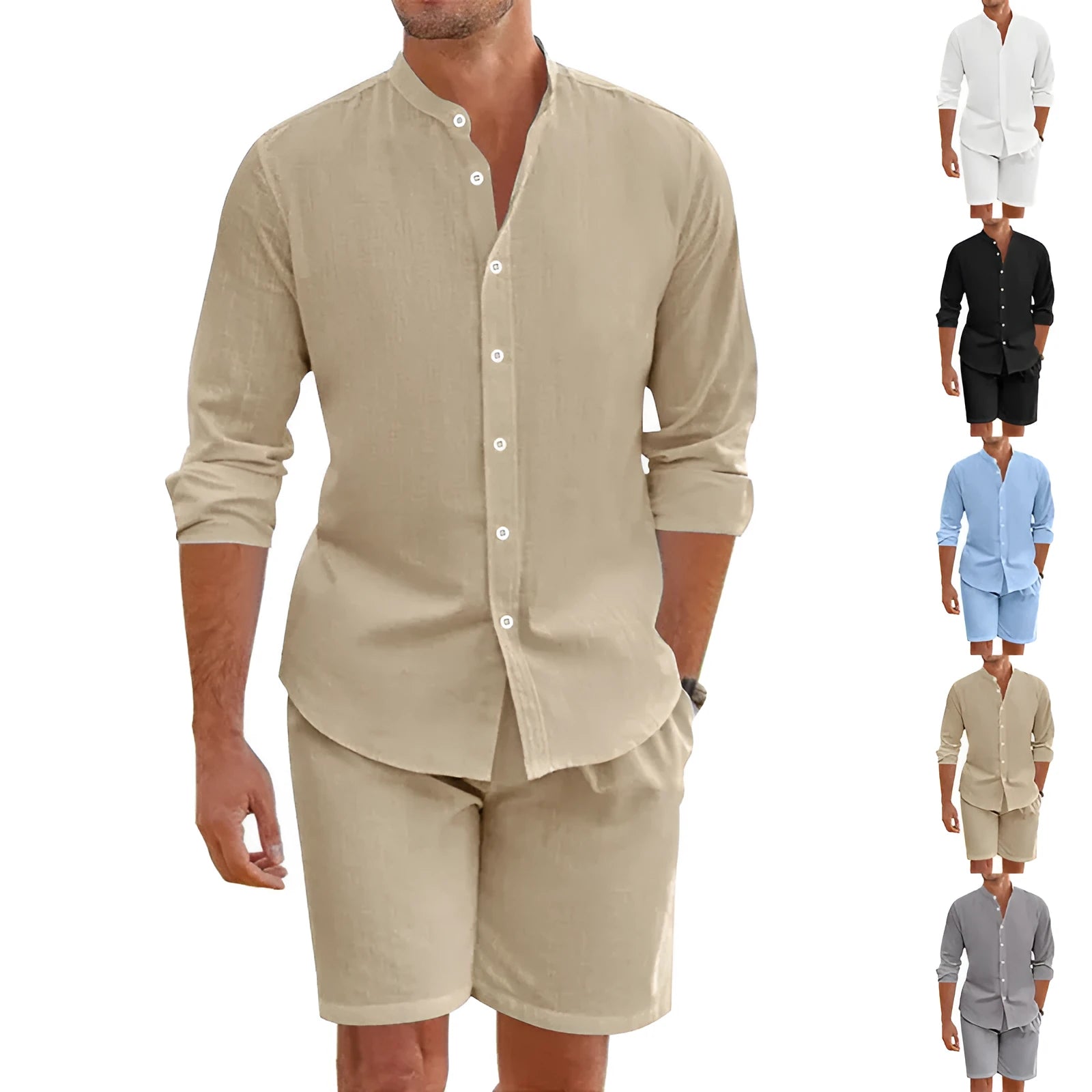 Men's linen summer suit with button-down short sleeve shirt and drawstring shorts in five colour options