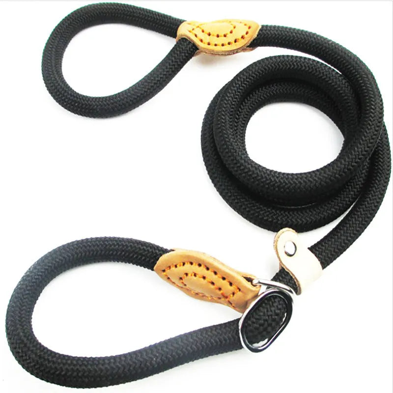 Brown nylon P chain dog leash with hand holding rope measuring 2.1 metres