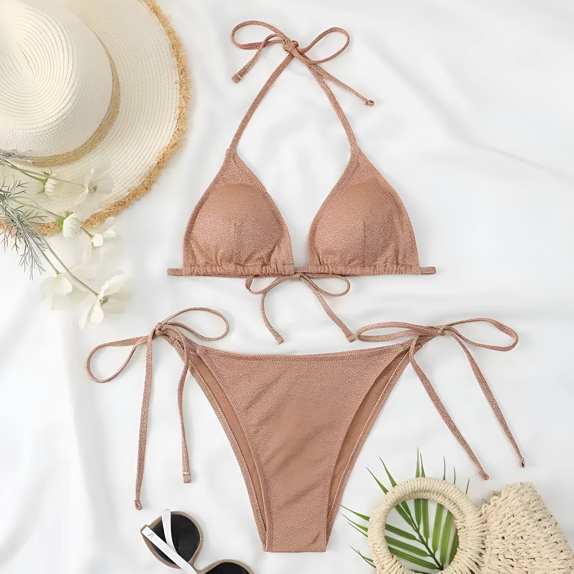 Women's bandage bikini swimsuit briefs style in khaki gold colour with adjustable sizing