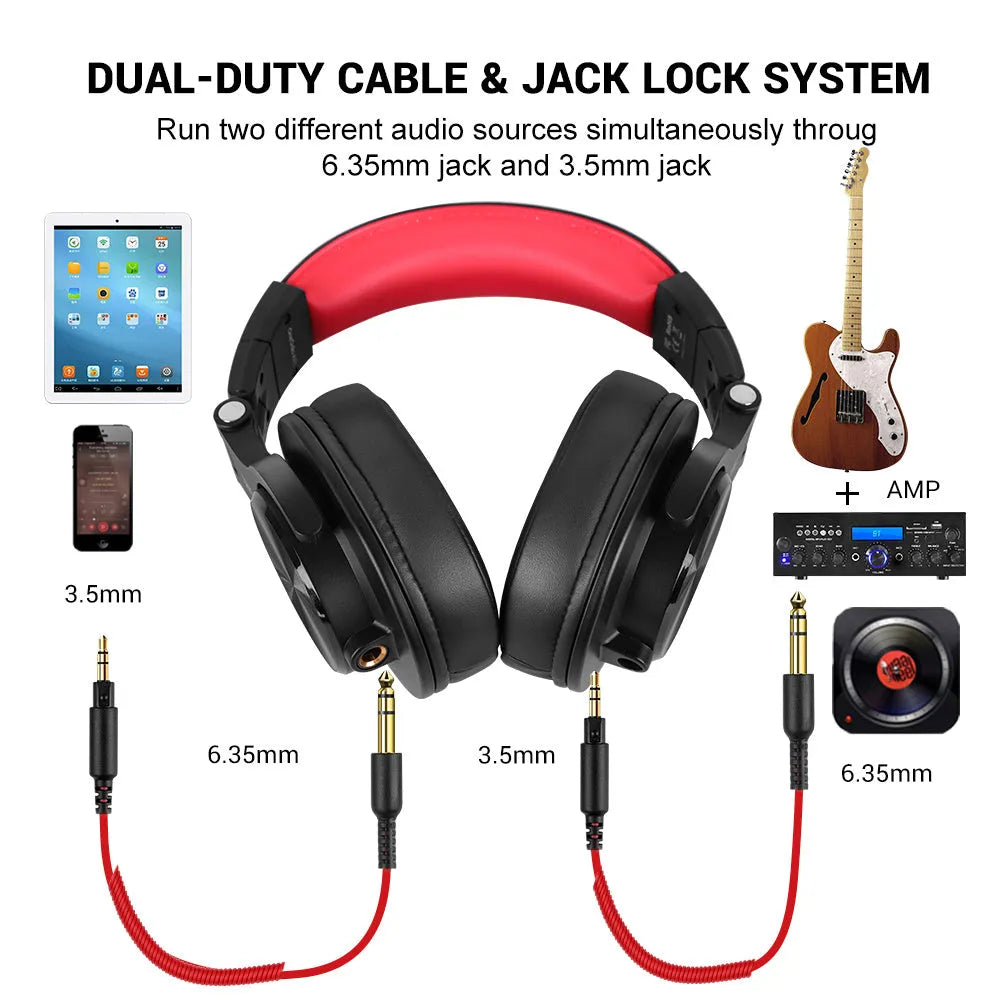 OneOdio closed-back over-ear headphones in black or red colours showing ear cup design.