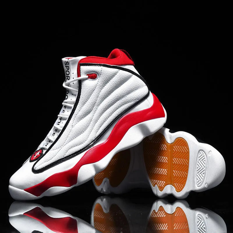 Men's high-top basketball sneakers in white and red with a mesh upper, thick rubber sole, and lace-up closure.