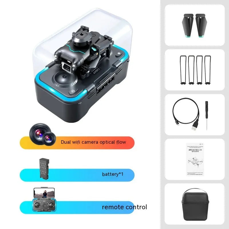 Black four-axis obstacle avoidance drone with mini design under 30cm, shown with dual camera configuration.