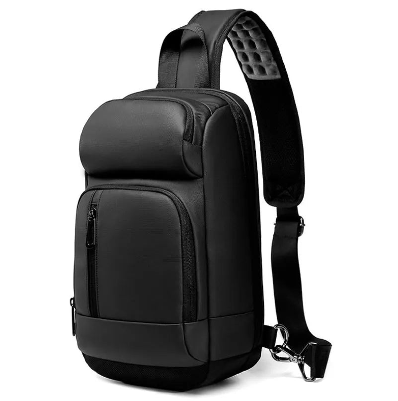 Black medium-sized PVC shoulder bag showing internal organisation pockets and air cushion strap
