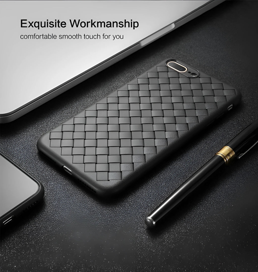 Black grid weave TPU phone case for iPhone showing raised screen lip and precise port cutouts.