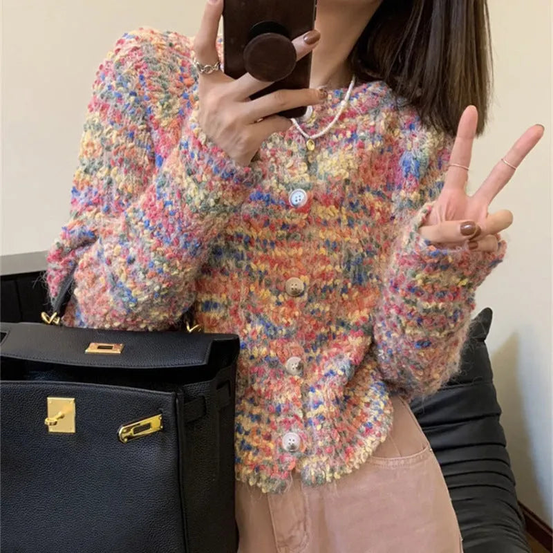 Retro gentle idle style knitted rainbow sweater cardigan in pink or green ice cream colours