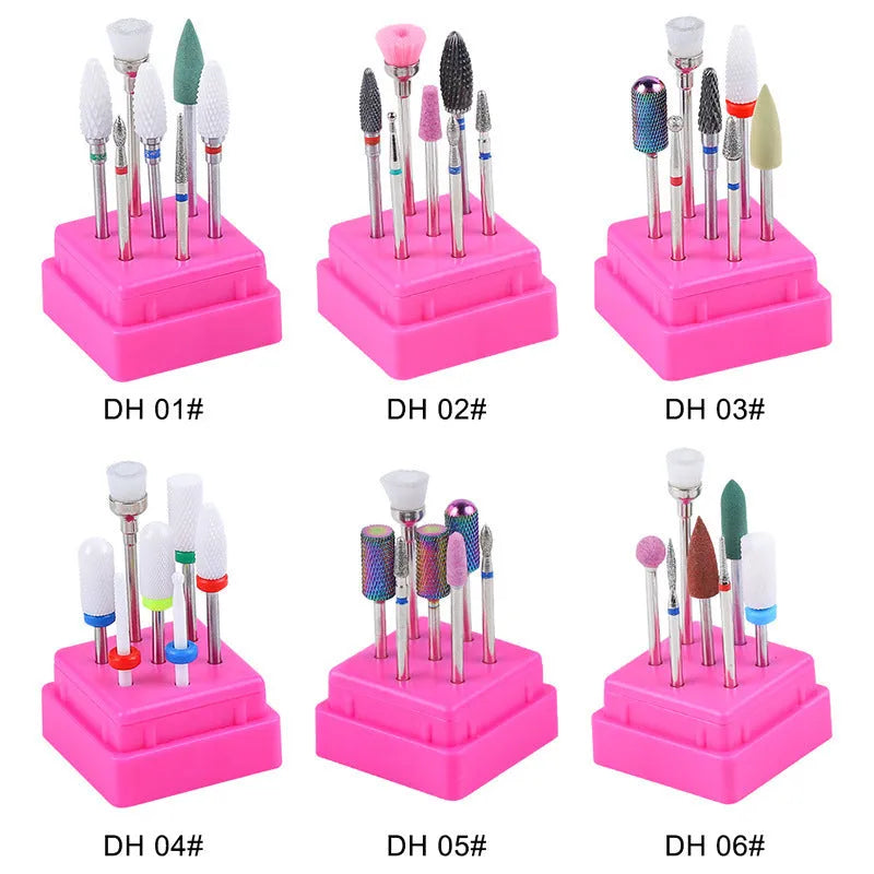 Tungsten steel nail drill bit set with six different bits and a brush in a clear storage case.