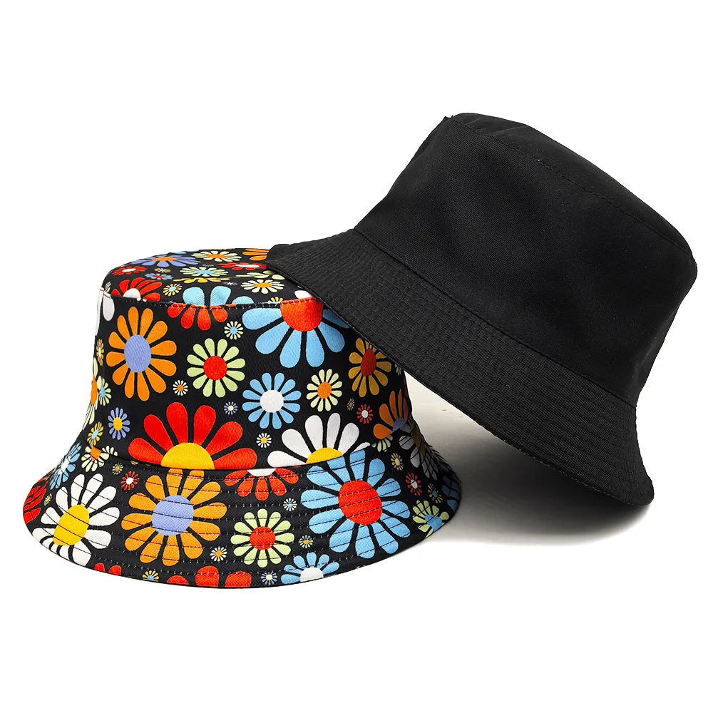 Colourful floral pattern polyester bucket hat with a dome crown on a neutral background.