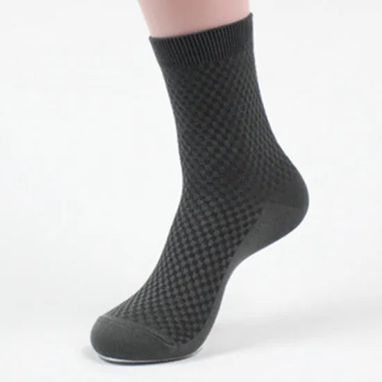 Men's bamboo fiber business socks in navy blue and grey with medium thickness knit and small square style pattern