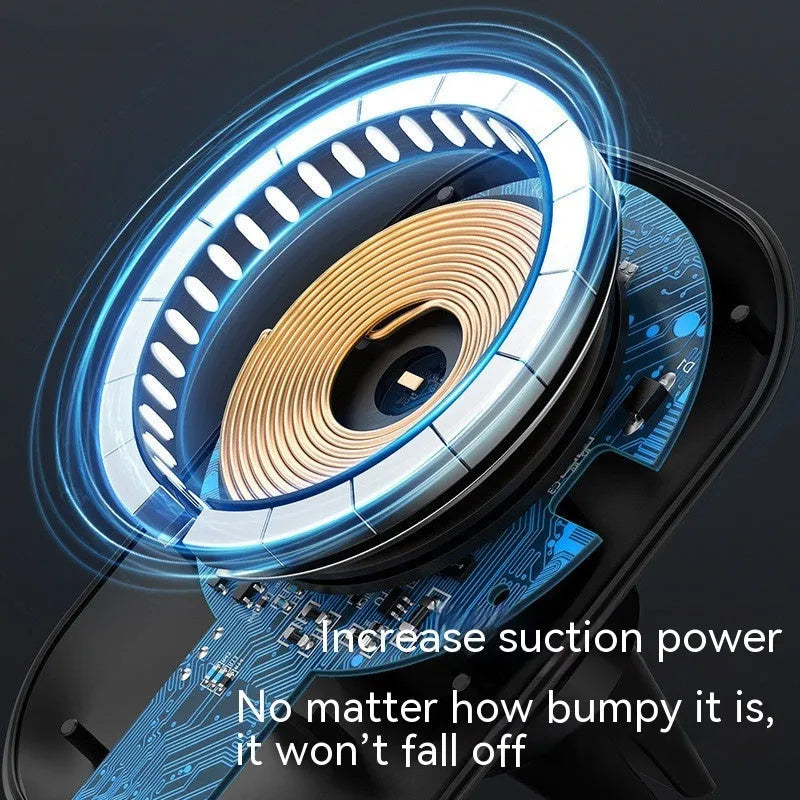 Black magnetic car wireless charging stand mounted on car dashboard with phone attached