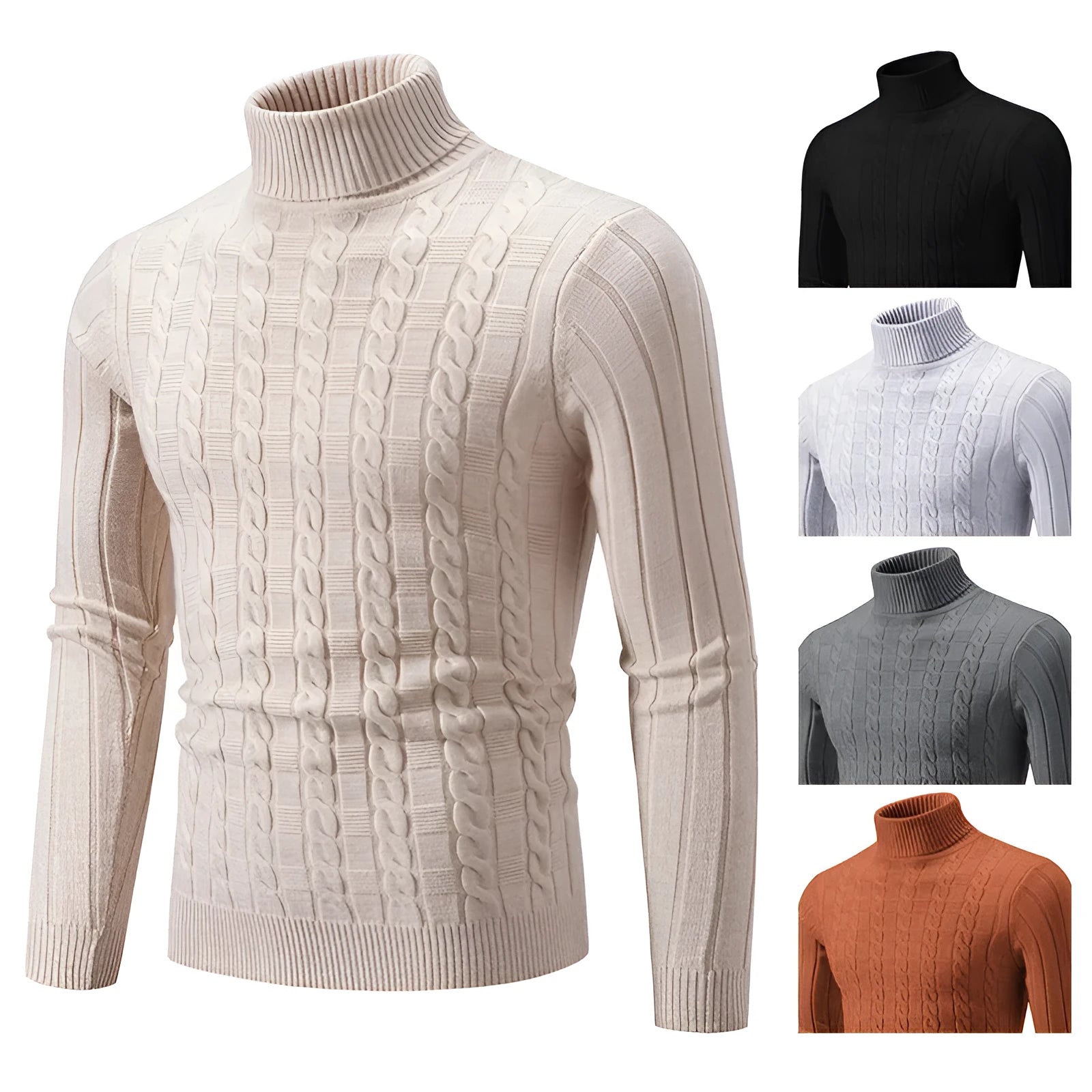 Man wearing a milky white slim fit chenille turtleneck pullover