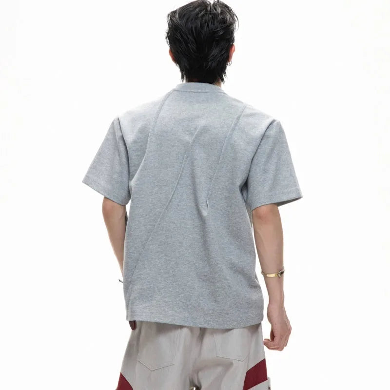Men's white cotton T-shirt with three-dimensional pleated design and asymmetric stitching details