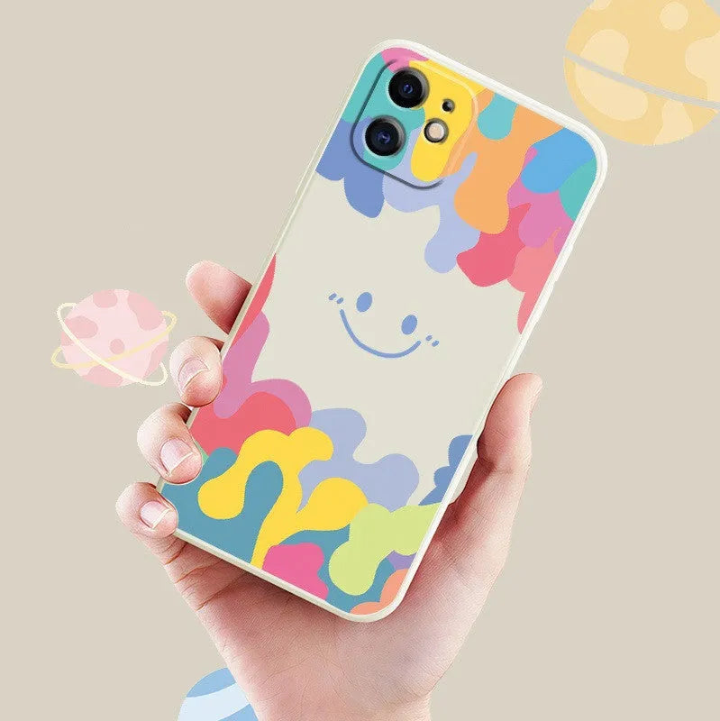 Rainbow smiley face TPU phone case with lanyard for Apple iPhone in white or black