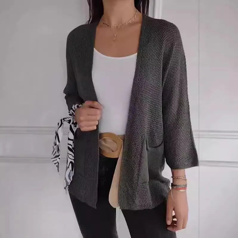 Women's waffle knit cardigan coat in army green with nine-quarter sleeves and front pockets