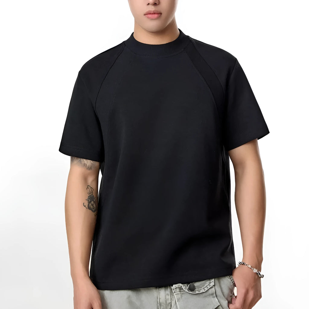 Loose fit short sleeve top with air layer stitching design in black colour