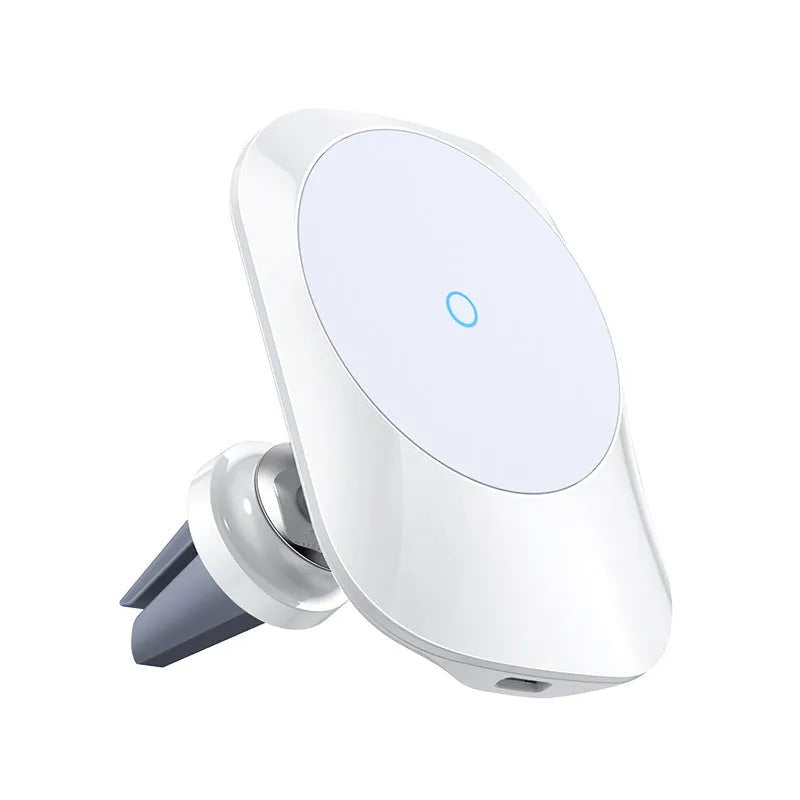 Black magnetic car wireless charging stand mounted on car dashboard with phone attached