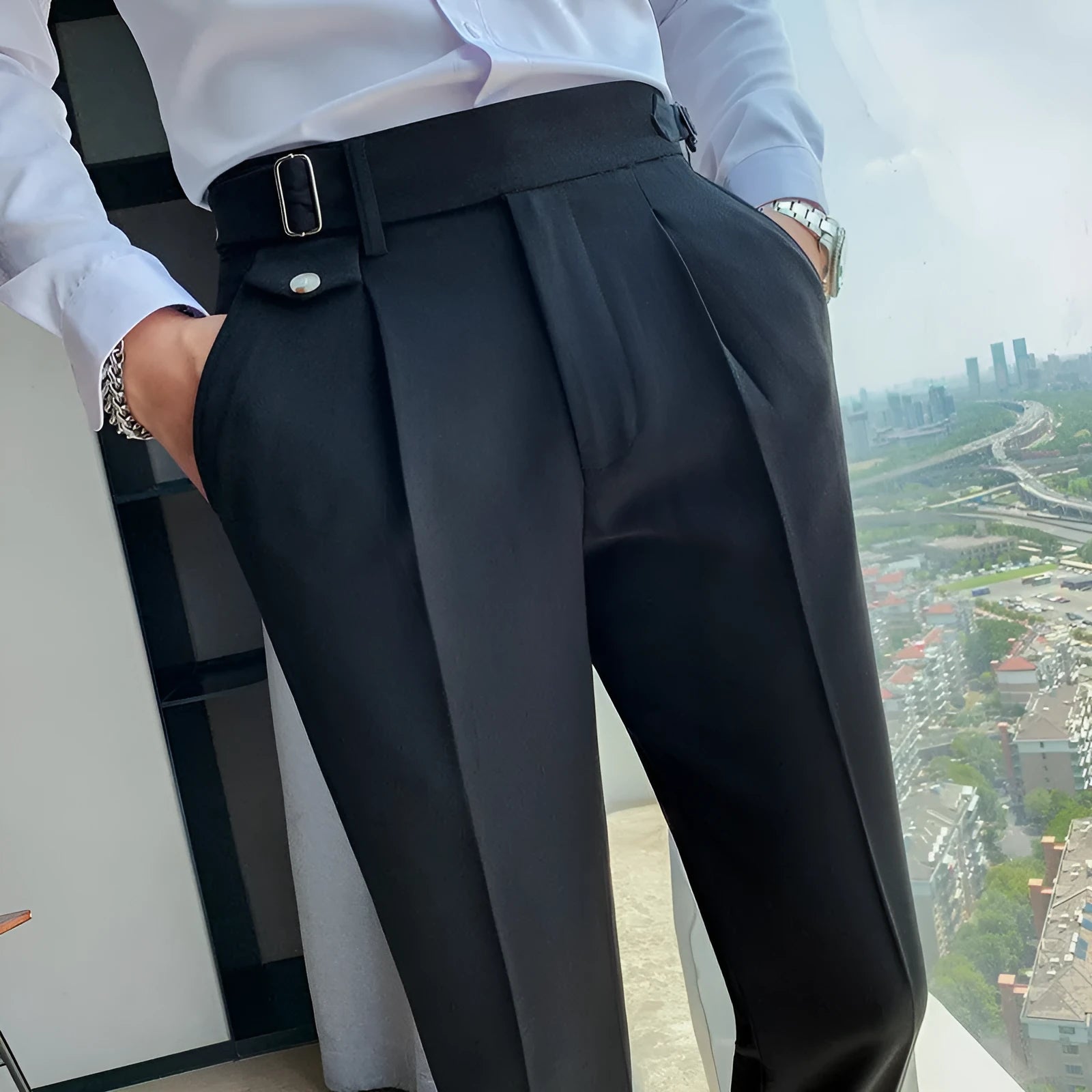 Straight leg casual trousers in solid colour options showing straight leg cut and polyester fabric
