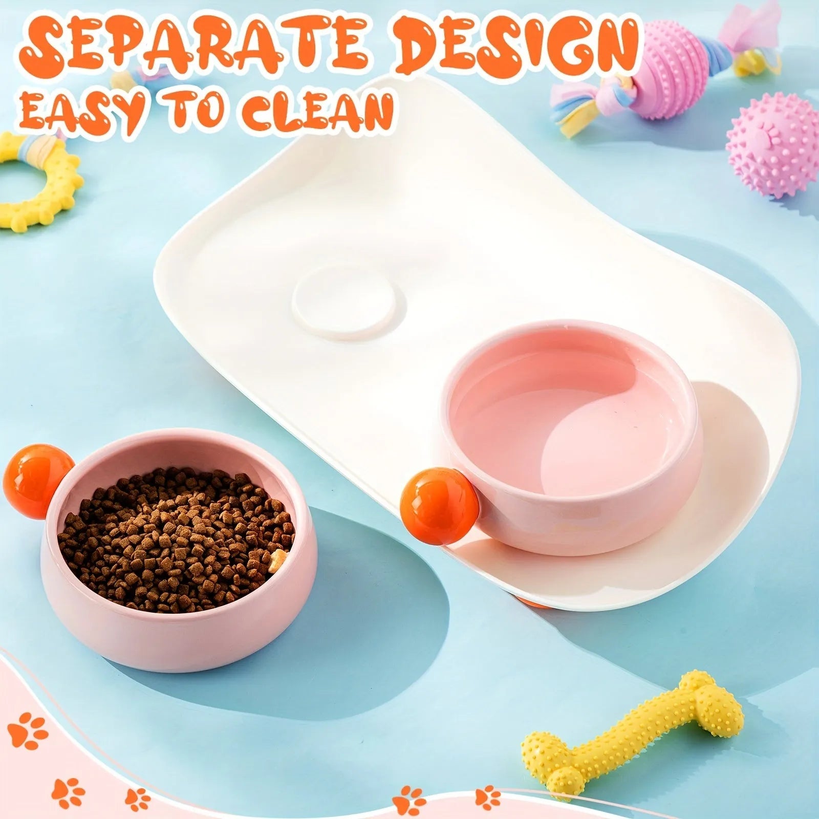 Elevated ceramic pet feeder with two bowls and non-slip base in pink, for cats and small dogs.