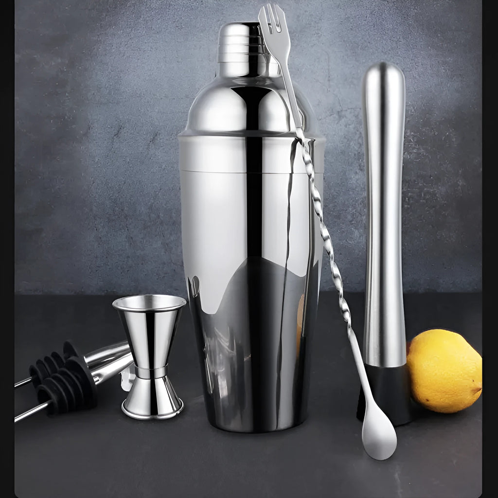 23-piece stainless steel cocktail set with acrylic shaker on home bar