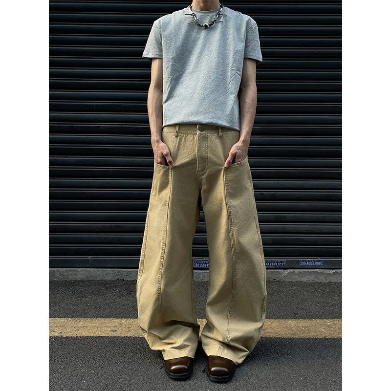 Men's khaki cotton straight-leg trousers laid flat showing solid colour design and casual styling