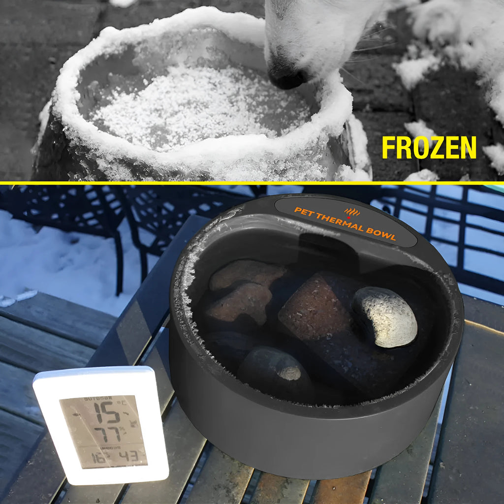 Black ABS plastic pet heating bowl with 35W constant temperature element and 2.2 litre capacity.