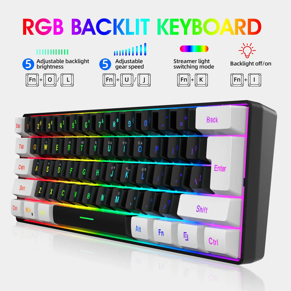 White and black gaming keyboard and mouse combo with colour backlight illumination visible on keys