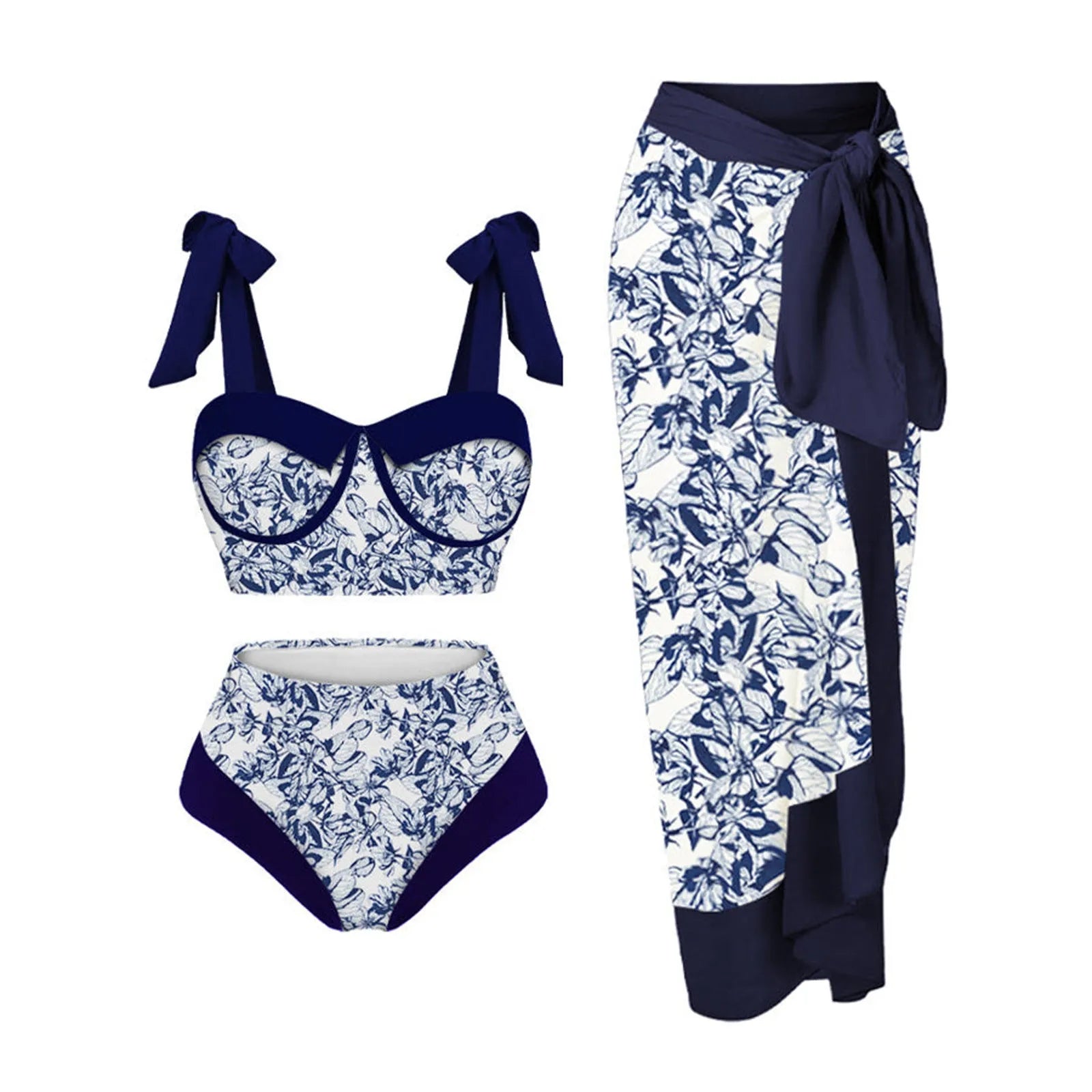 Women's printing split swimsuit three-piece set showing skirt, bra and panties in polyester fabric