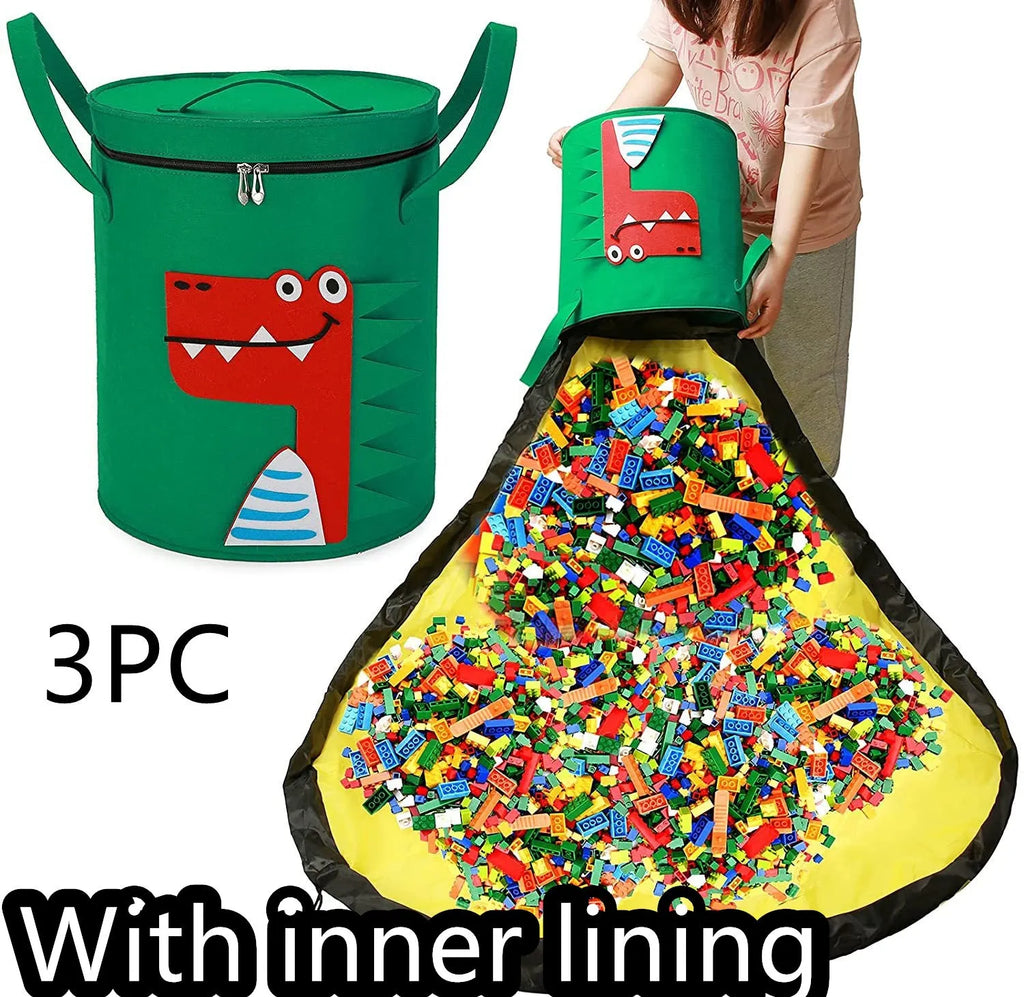 Green felt cube storage bag open showing toys inside, laying flat as play mat
