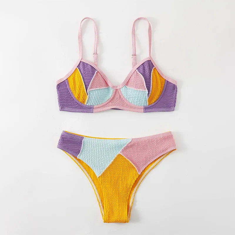 Ladies' polyester bikini top with steel bracket support and push-up cups in colour matching option