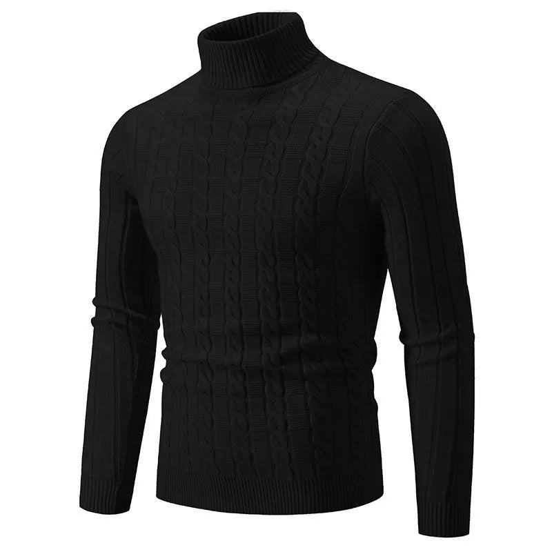 Man wearing a milky white slim fit chenille turtleneck pullover