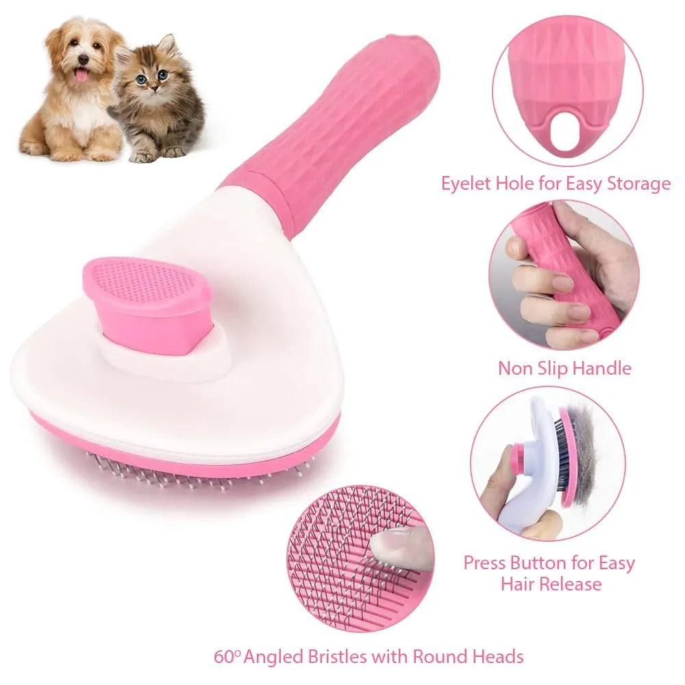 Blue cat brush with a release button and fine wire bristles for removing loose fur