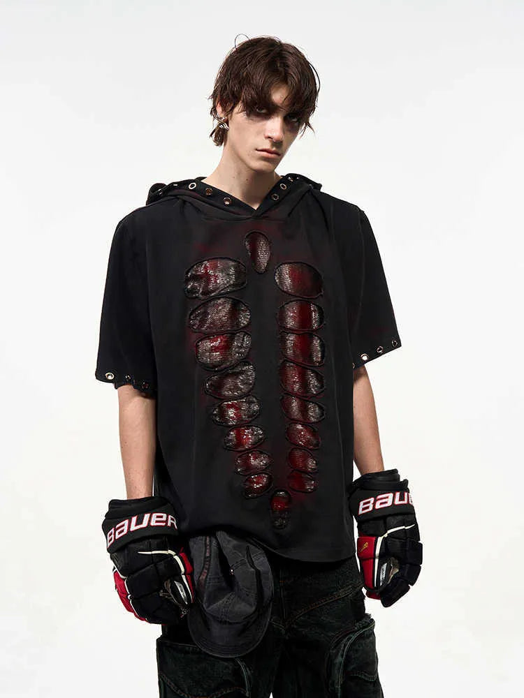 Black hooded men's t-shirt with sequin detailing in loose-fitting short-sleeve design