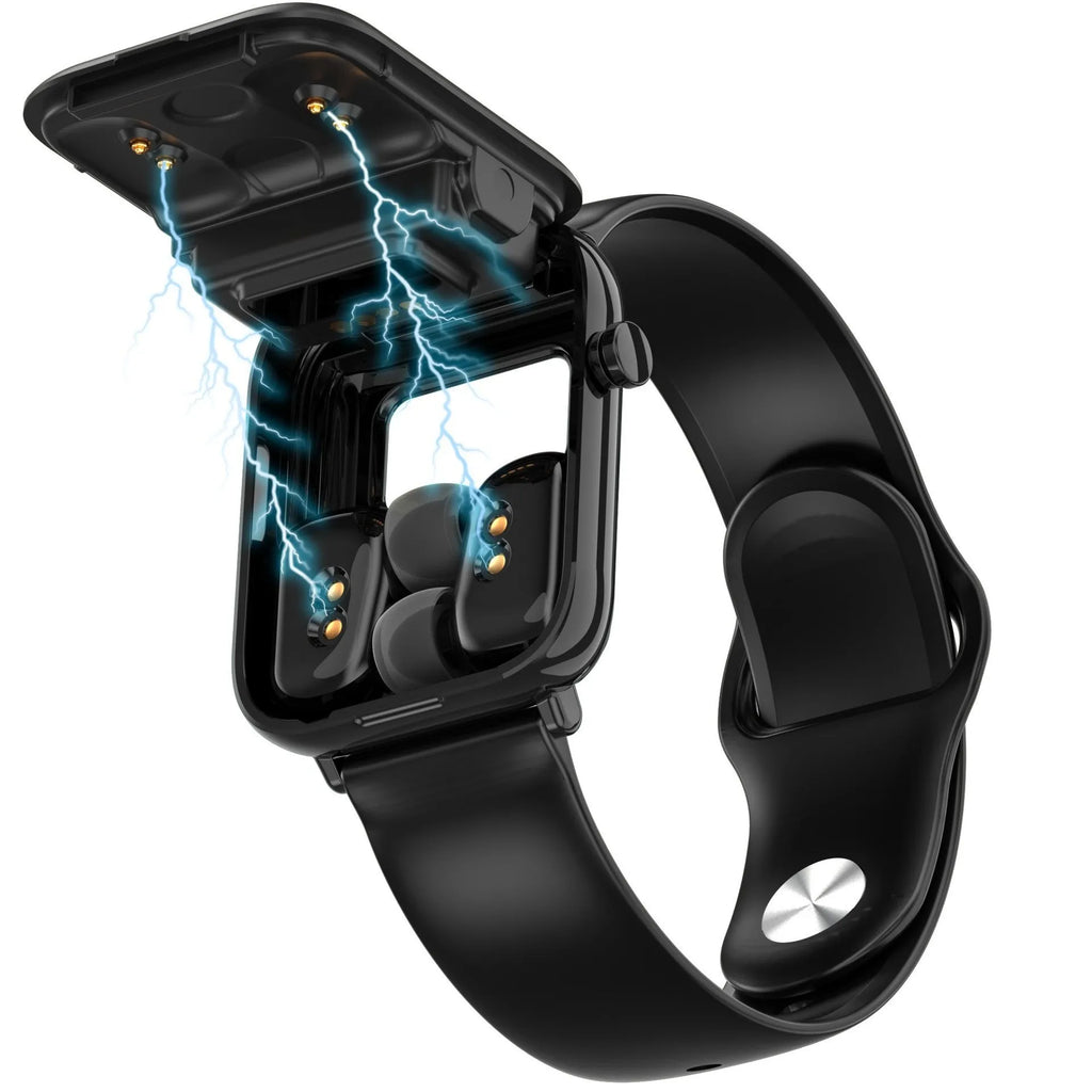 Black zinc alloy Bluetooth smartwatch with a 1.69-inch touchscreen on a wrist, next to its magnetic charging case.