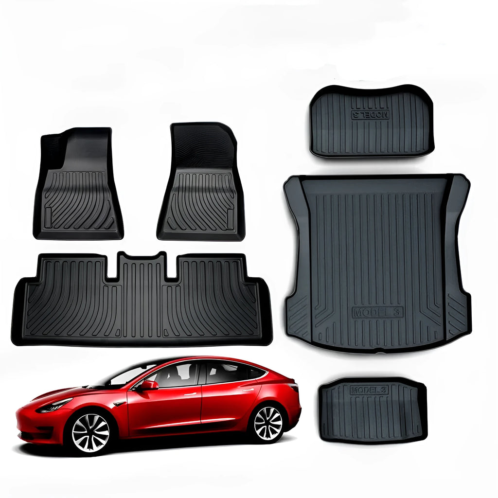 Tesla floor mats made from black rubber with textured TPE footrest section for Model 3, Y, S, and X vehicles