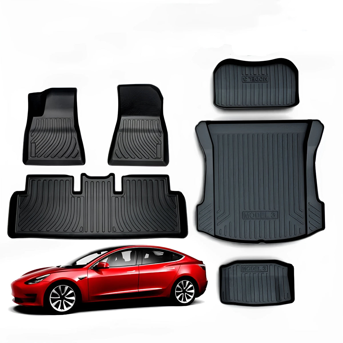 Tesla floor mats made from black rubber with textured TPE footrest section for Model 3, Y, S, and X vehicles
