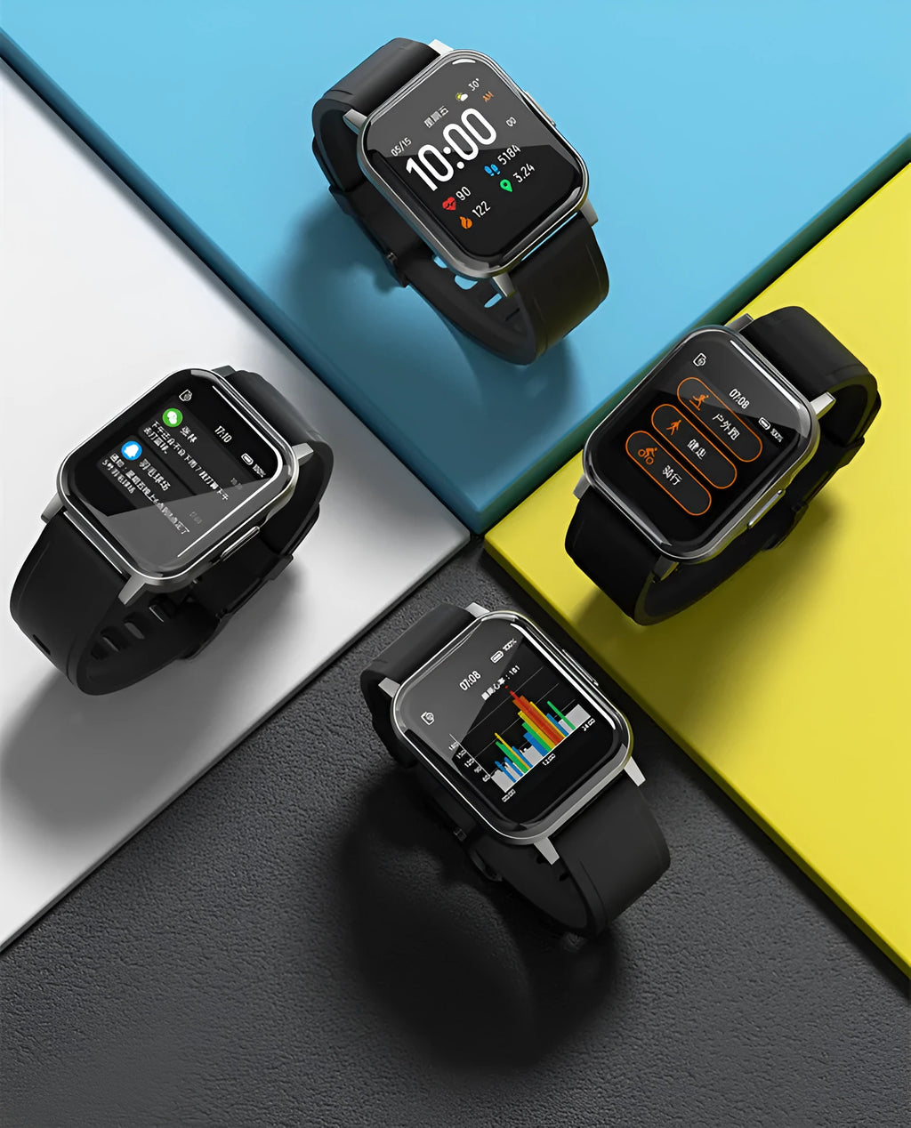 Black waterproof smart fitness bracelet with colour screen on a silicone wrist strap.