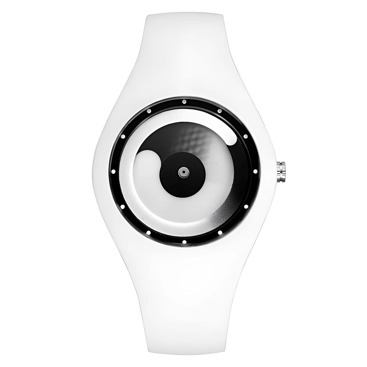 White candy colour quartz watch with alloy case, plexiglass mirror, 4.0cm diameter, 23cm band.