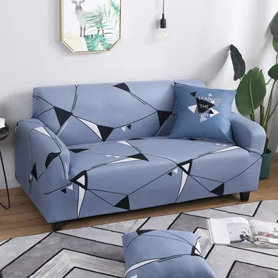 Geometric print stretch sofa slipcover on a double seat sofa