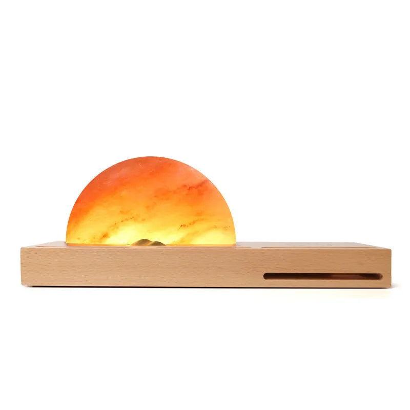 Sunrise Oriental natural crystal salt lamp with wireless phone charging on solid beech wood base