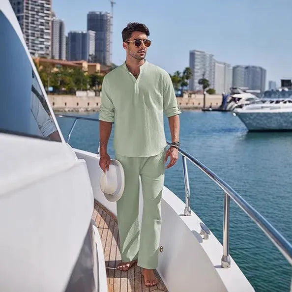 Men's solid colour cotton casual suit with long sleeves and trousers in multiple colours.