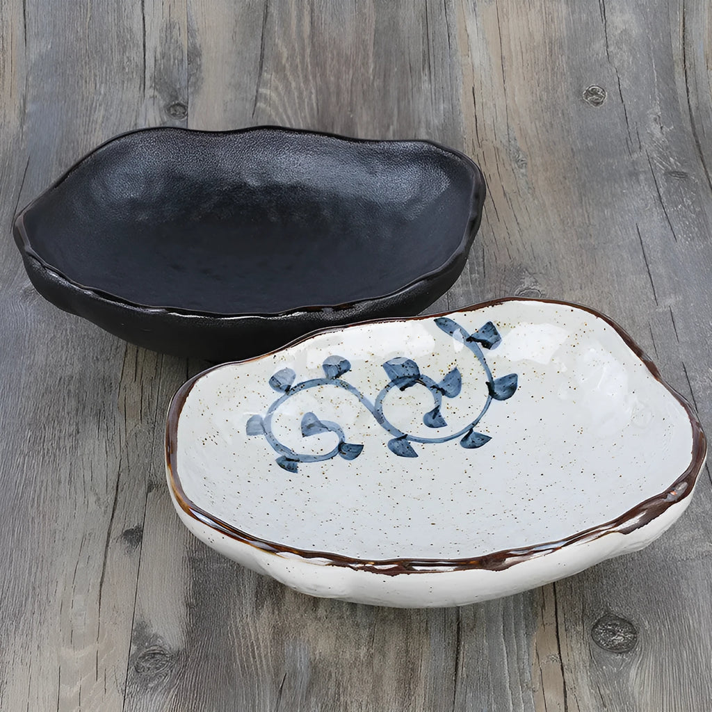Japanese coarse pottery sashimi bowl set with irregular shape and floral decoration