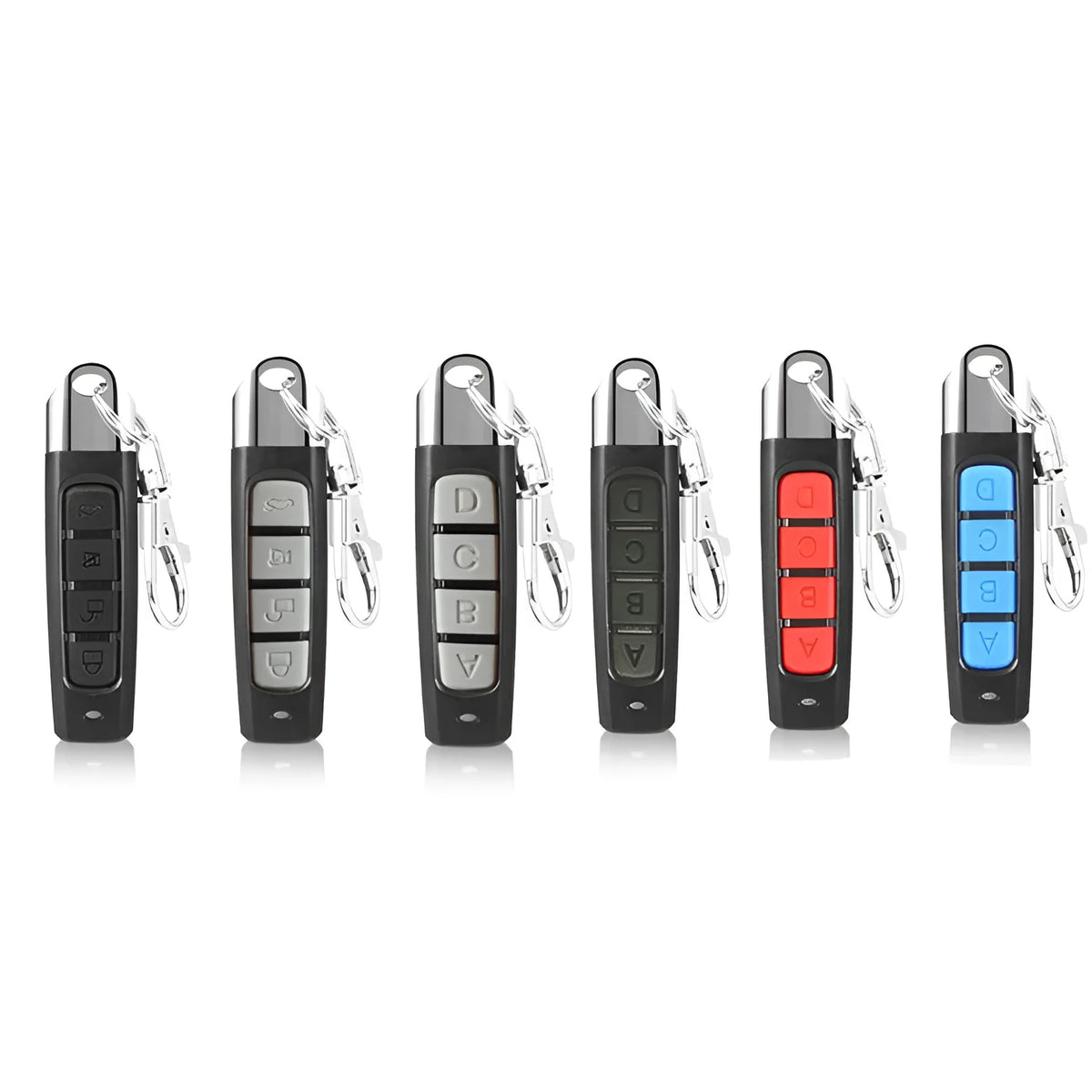 Compact black programmable remote control for rolling doors with copy button, shown next to a 12V battery.