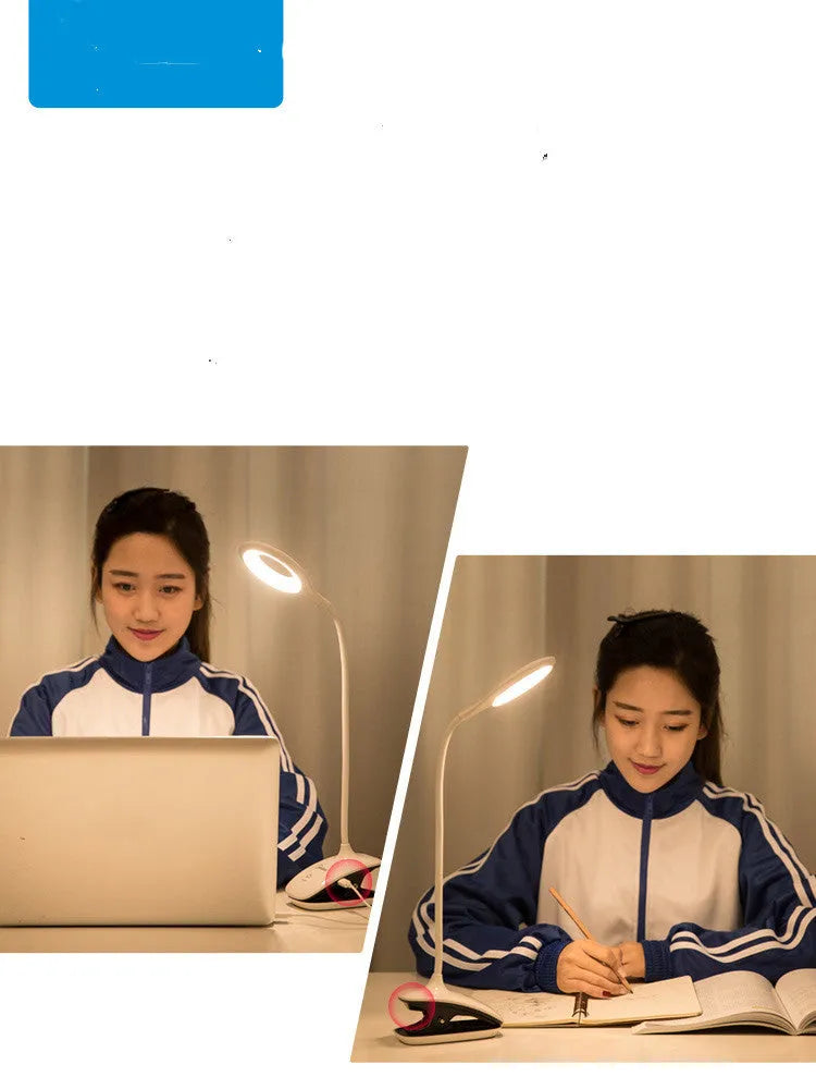 Green USB rechargeable touch control LED table lamp on a wooden desk.