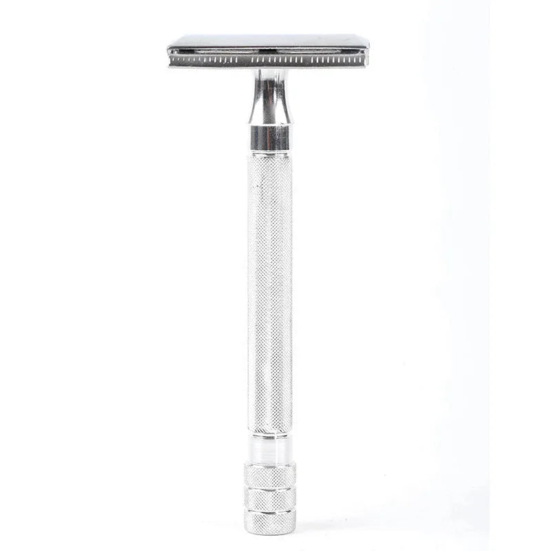 Manual stainless steel shaver and brush set for traditional wet shaving in black or silver finish