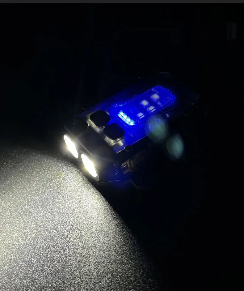 Portable tactical mini warning flashlight with USB charging cable attached for backpack mounting
