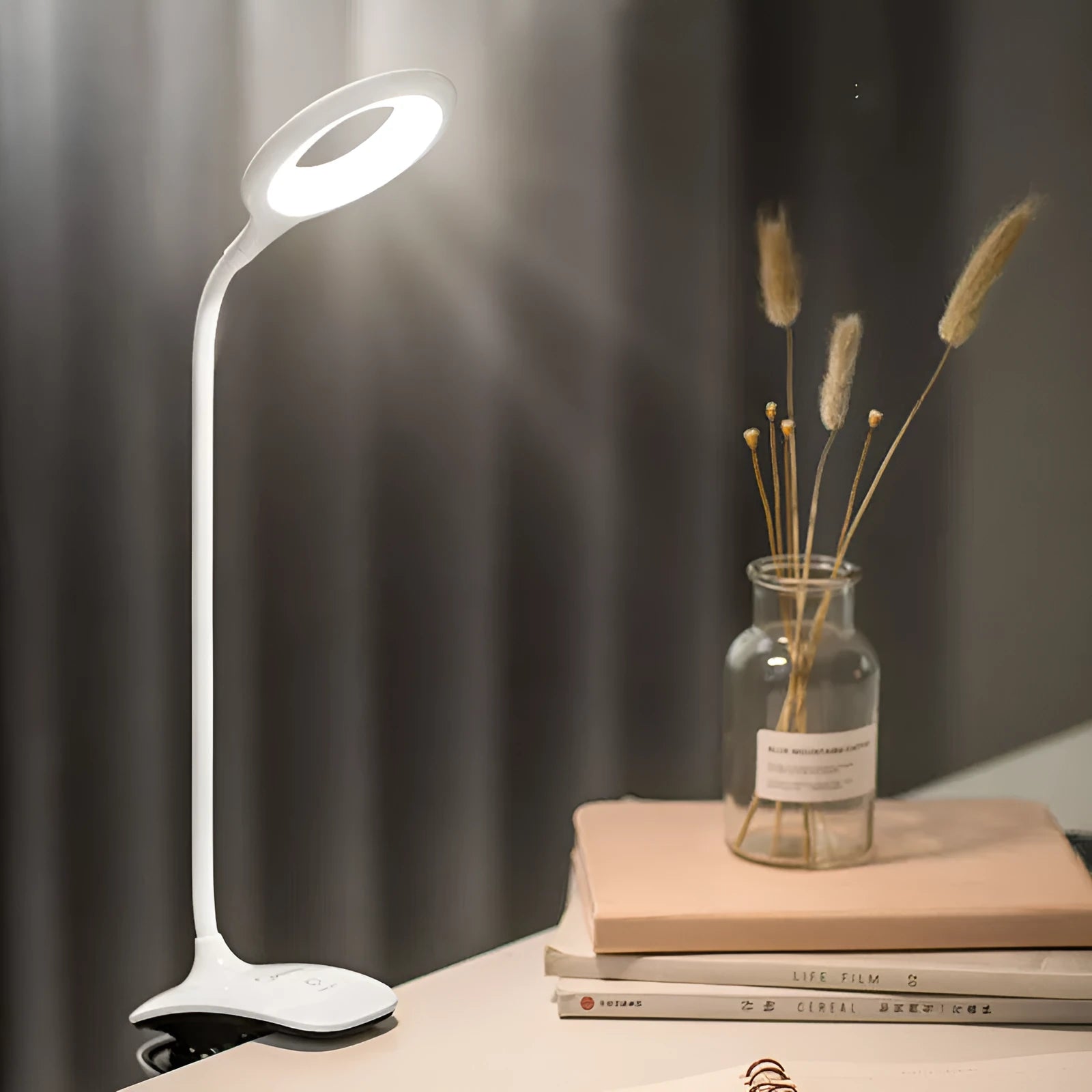 Green USB rechargeable touch control LED table lamp on a wooden desk.